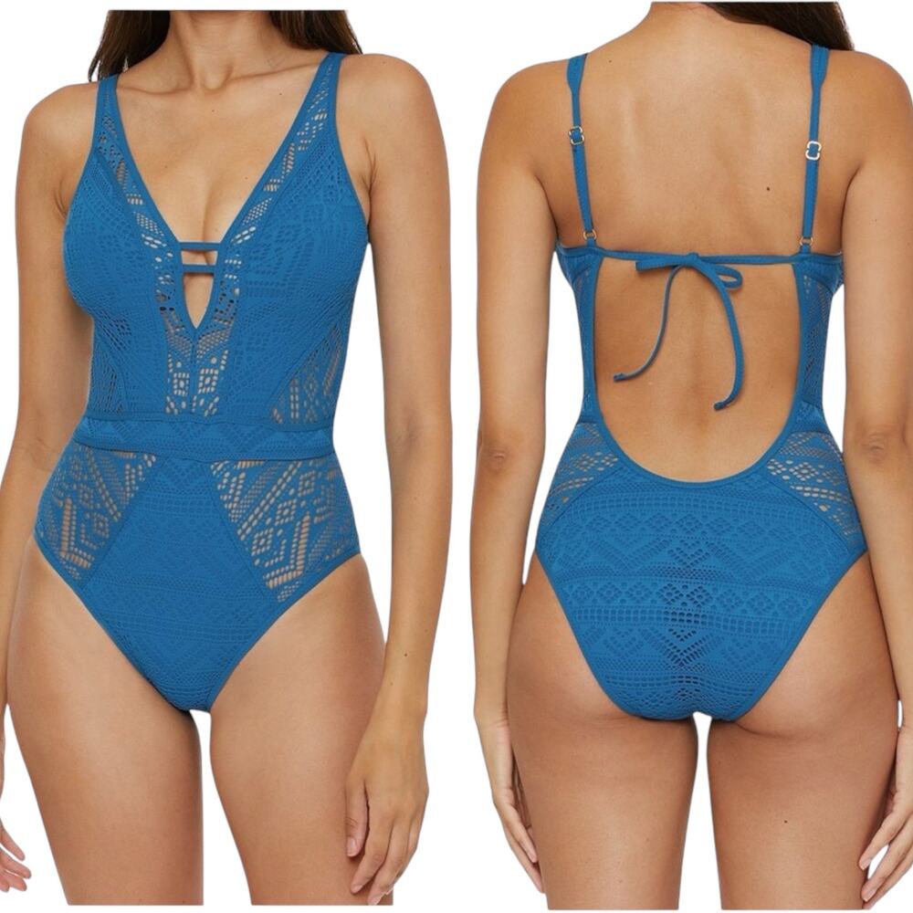 Becca by Rebecca Virtue Crochet One Piece Swimsuit Blue Large